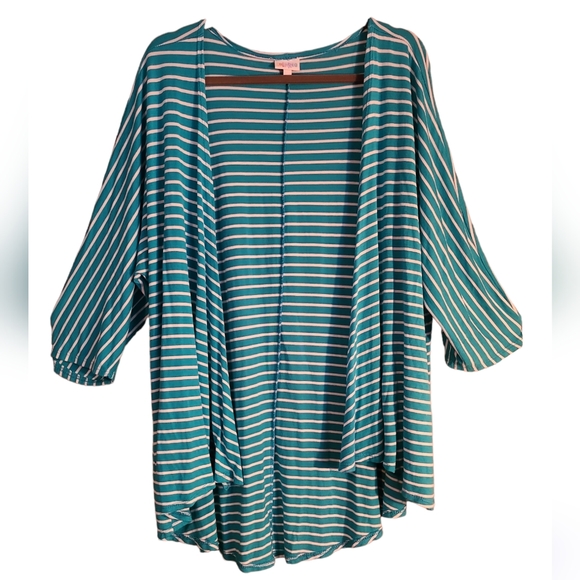LLR LuLaRoe Striped Cardigan Teal & White M - Picture 1 of 4